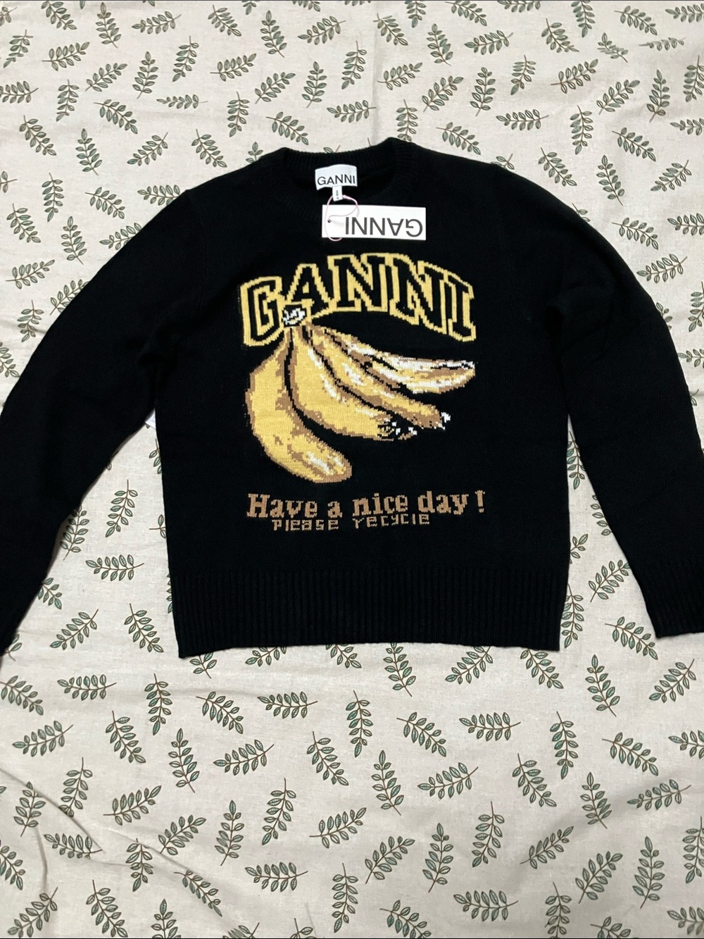 Ganni black Crewneck cropped knit sweater Banana jacquard slogan print pullover